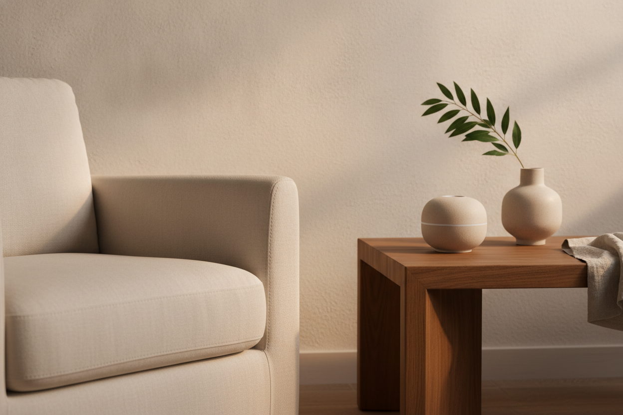 Dettaglio d'interni AD2 Atelier: poltrona in tessuto naturale, tavolino in legno e ceramica