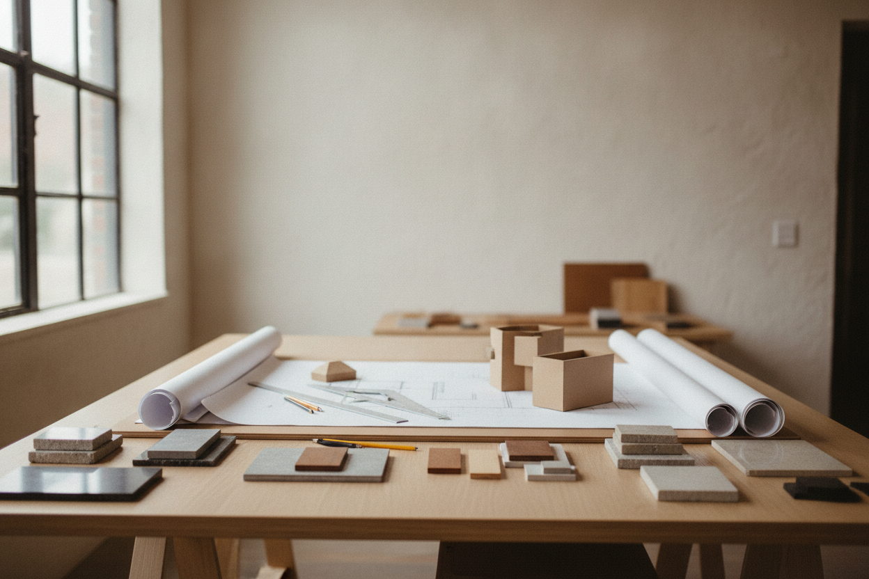 Tavolo di progettazione AD2 Studio con planimetrie, modellino e campioni di materiali