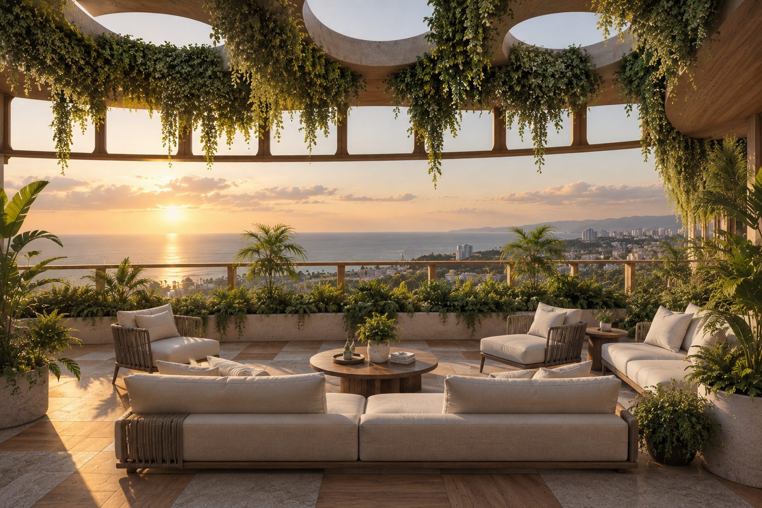 Terrazza di un attico Habita al tramonto, fra prospettiva e riparo