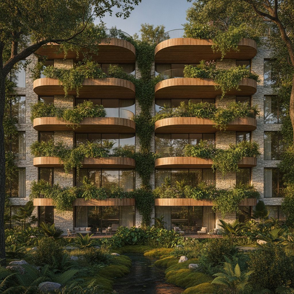 Residenze AD2 Habita: facciata in pietra e legno con terrazze verdi