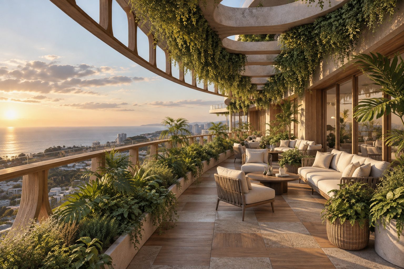 Terrazza panoramica di un attico Habita con fioriere e vista aperta