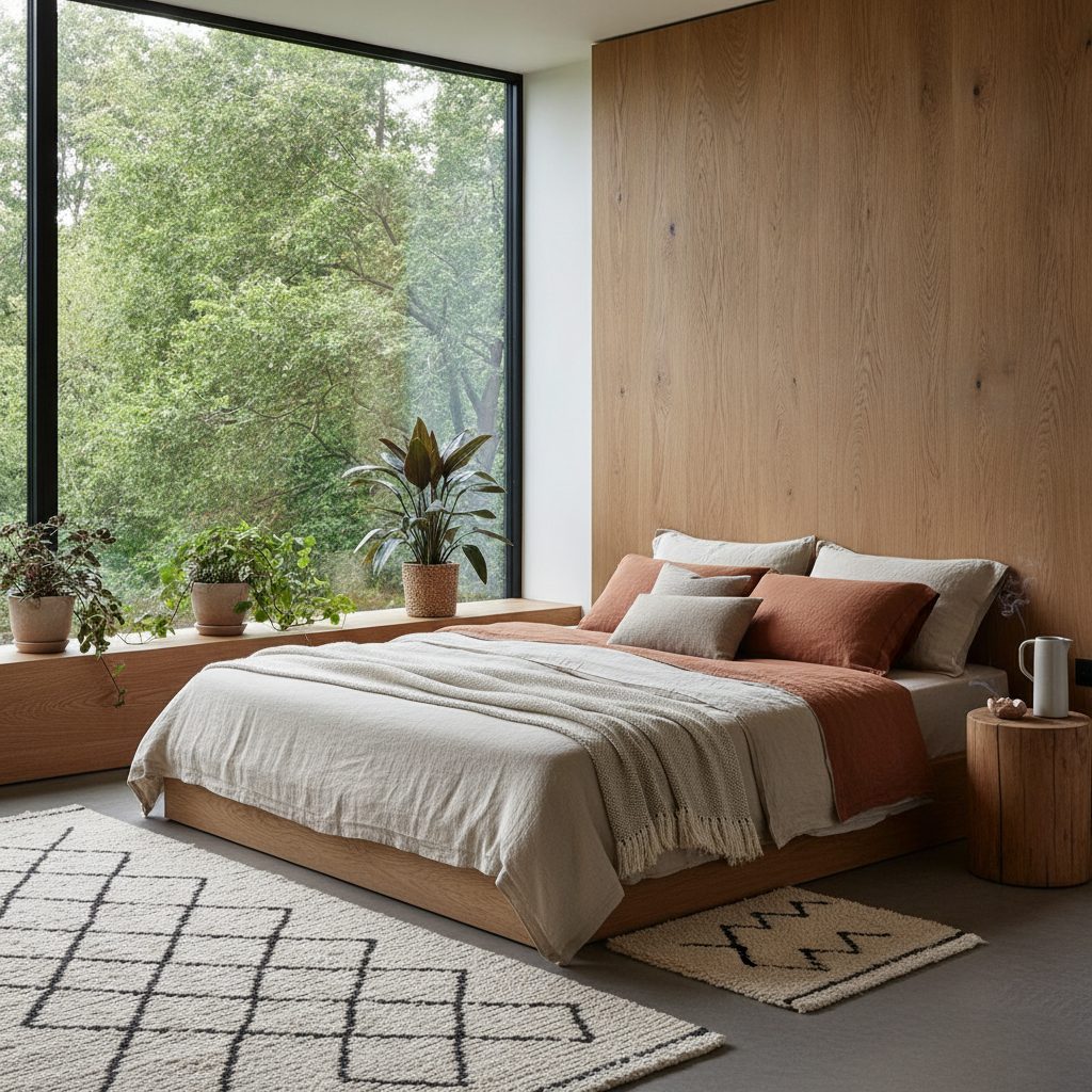 Camera da letto Habita con grande finestra affacciata sugli alberi