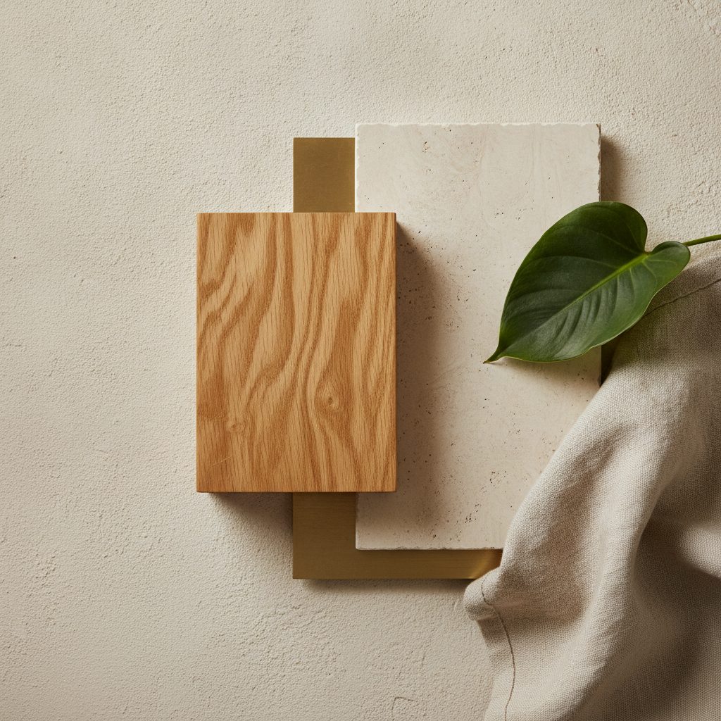 Materiali Habita: rovere, travertino, ottone e lino naturale