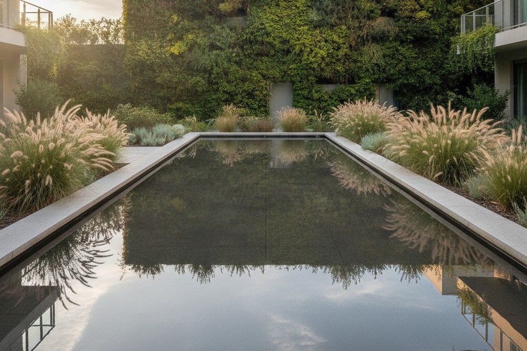 Specchio d'acqua nella corte verde di una residenza Habita