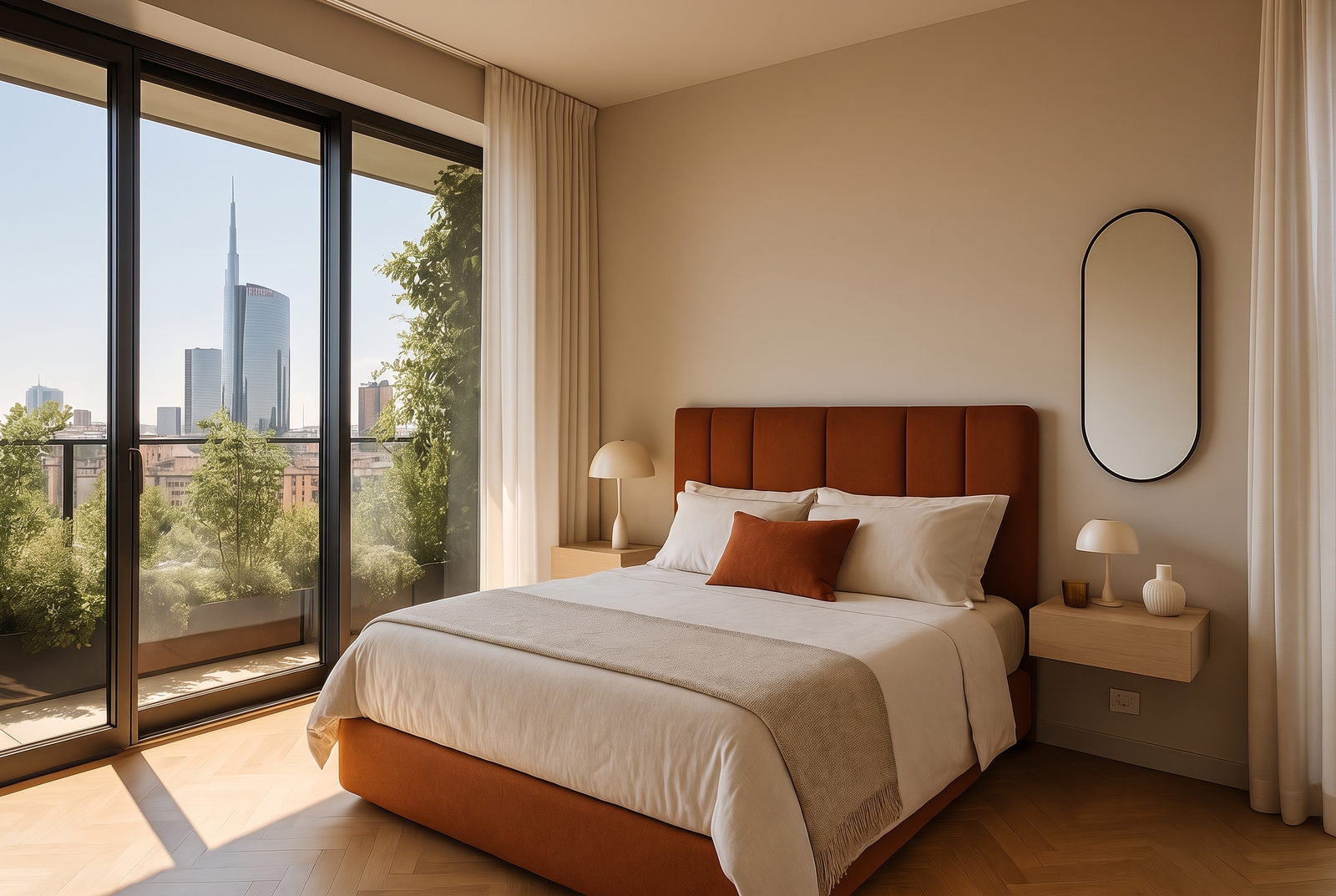 Camera da letto Habita con vista sugli alberi, esempio di neuroarchitettura applicata alla casa