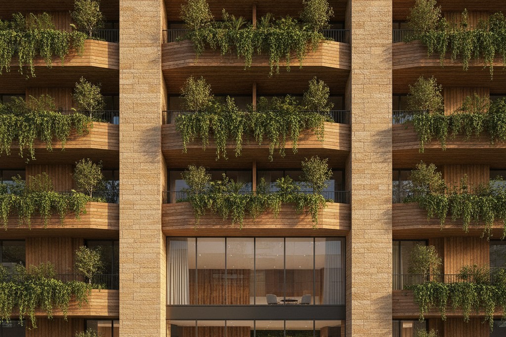 Facciata Habita con logge piantumate e piano terra vetrato sulla hall