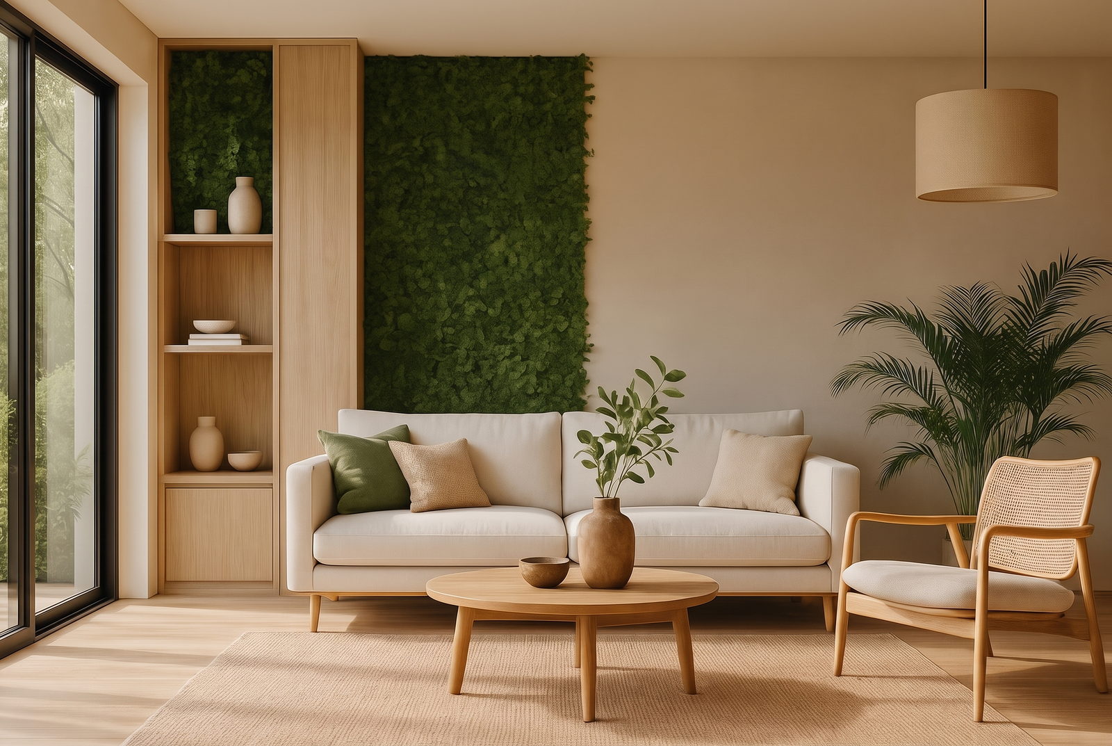 Interni Habita progettati secondo il design biofilico, con parete vegetale