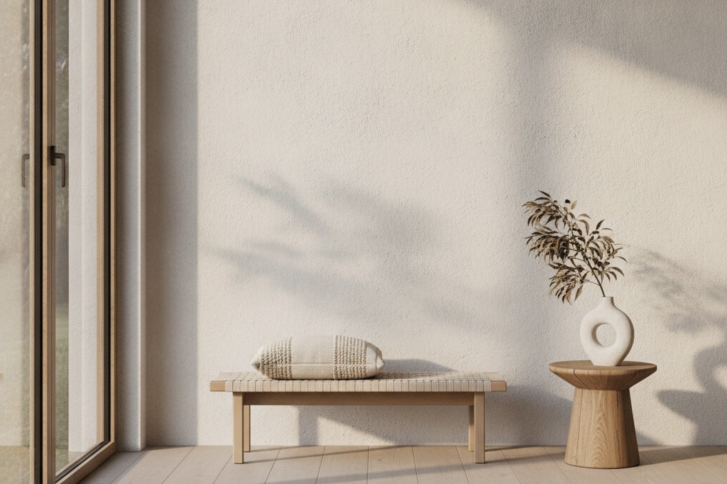 Luce naturale che disegna ombre di foglie su una parete e sul pavimento in rovere
