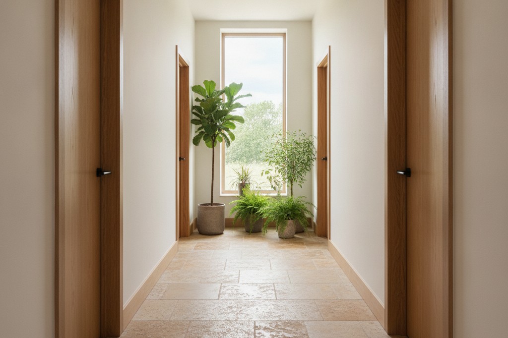 Percorso comune di una residenza Habita, leggibile e illuminato da luce naturale