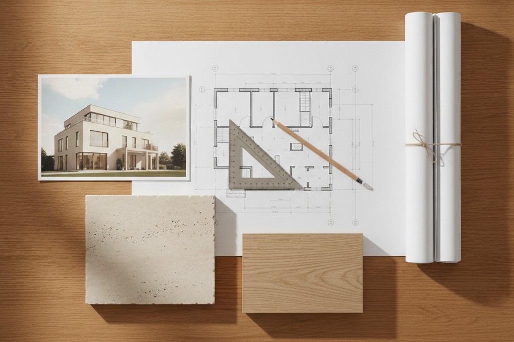 Planimetrie, rendering e campioni di materiali sul tavolo di progettazione