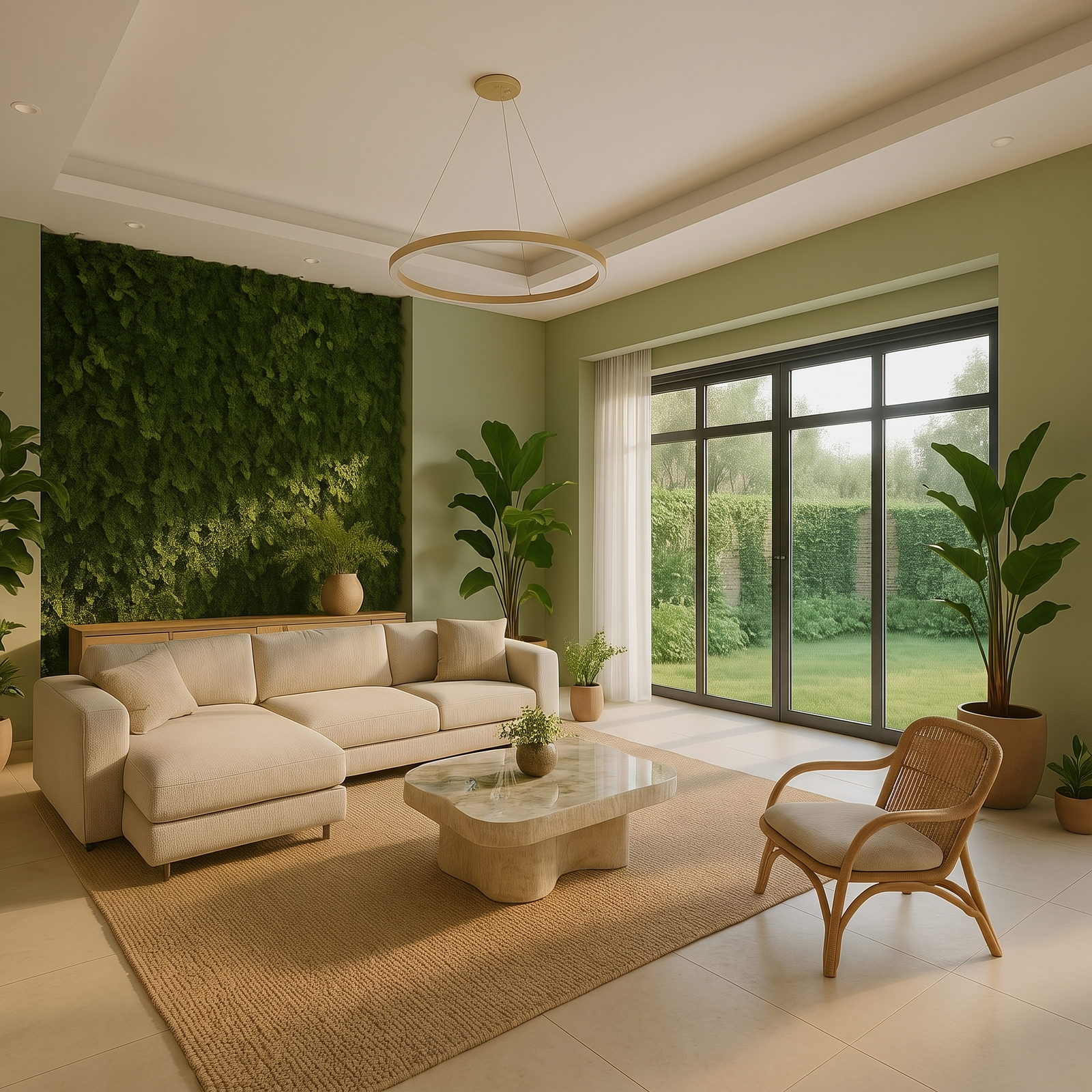 Soggiorno Habita con parete verde e affaccio sul giardino