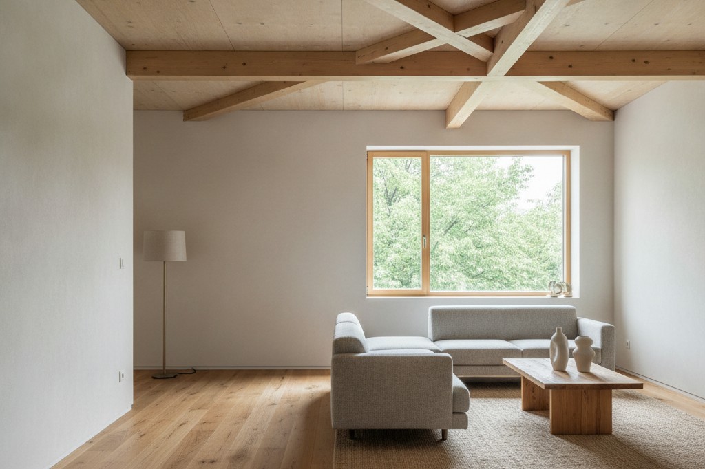 Interni di un appartamento con struttura in legno lasciata a vista
