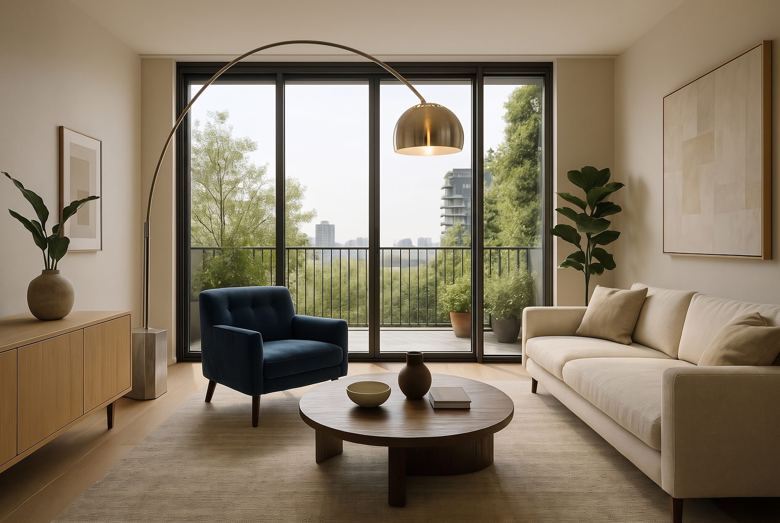 Soggiorno Habita con poltrona blu e affaccio sul verde